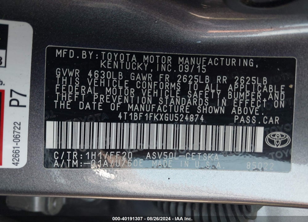 2016 TOYOTA CAMRY SE VIN: 4T1BF1FKXGU524874