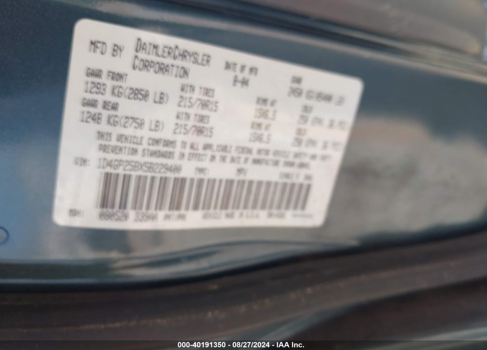 2005 DODGE CARAVAN SE VIN: 1D4GP25BX5B229400