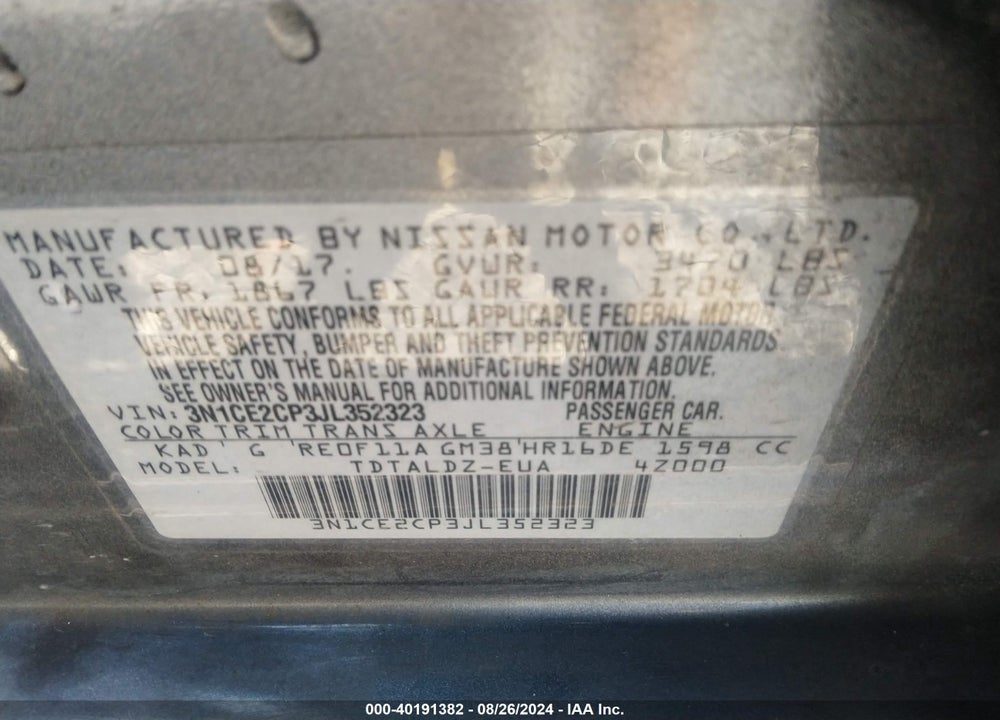 2018 NISSAN VERSA NOTE SV VIN: 3N1CE2CP3JL352323