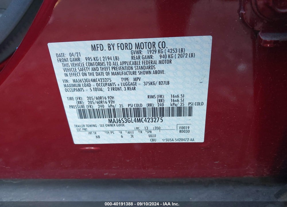 2021 FORD ECOSPORT SE VIN: MAJ6S3GL4MC423275