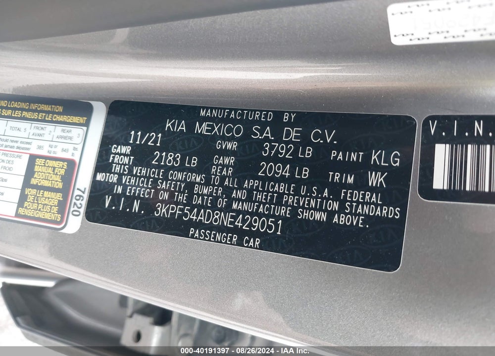 2022 KIA FORTE GT LINE VIN: 3KPF54AD8NE429051