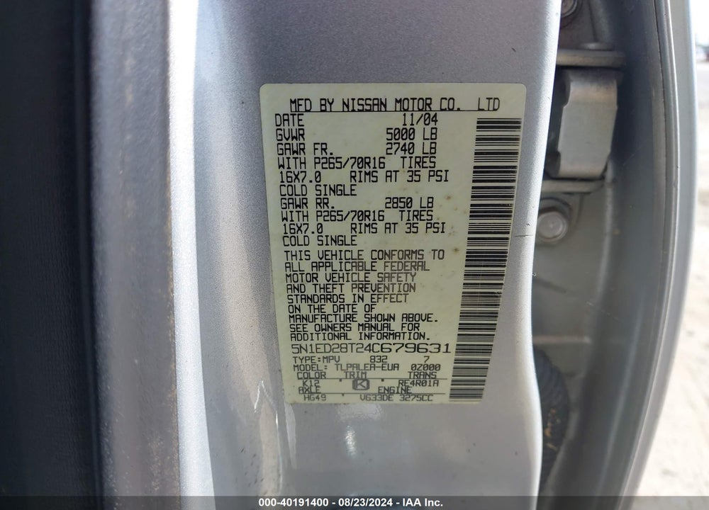 2004 NISSAN XTERRA XE VIN: 5N1ED28T24C679631