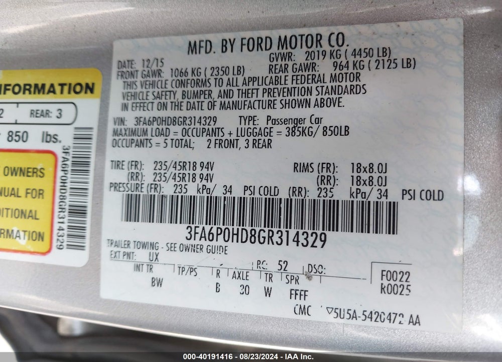 2016 FORD FUSION SE VIN: 3FA6P0HD8GR314329