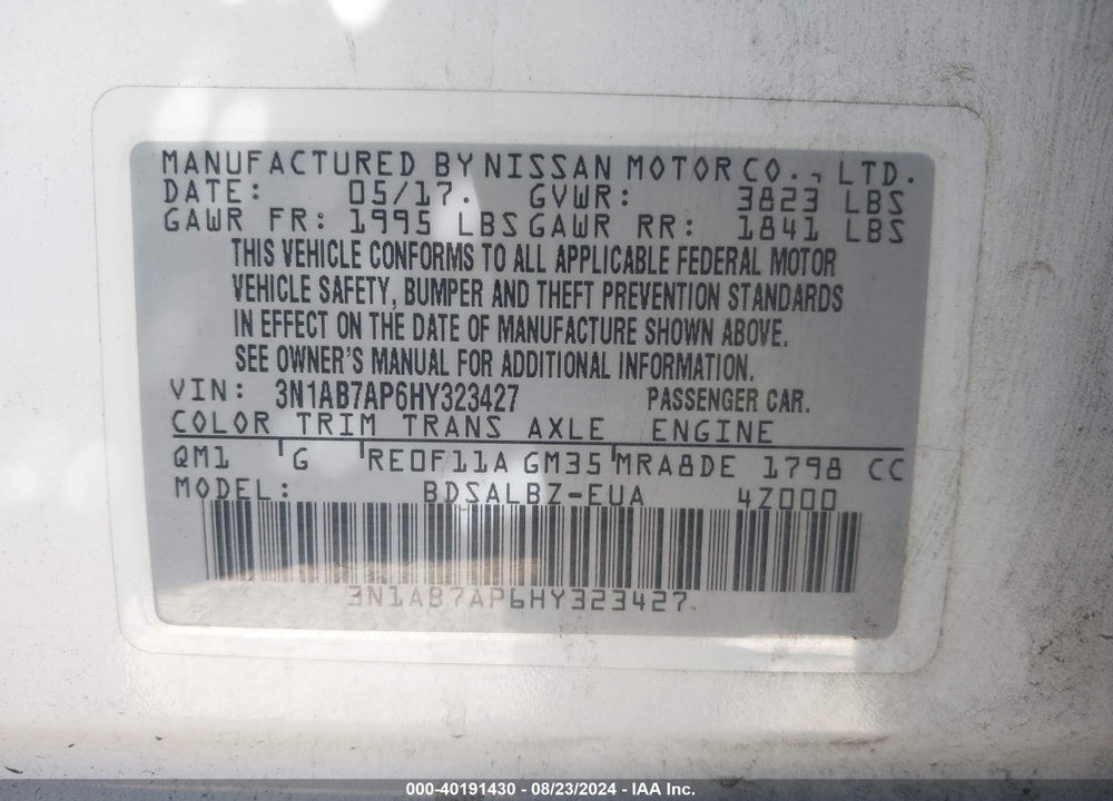 2017 NISSAN SENTRA S VIN: 3N1AB7AP6HY323427