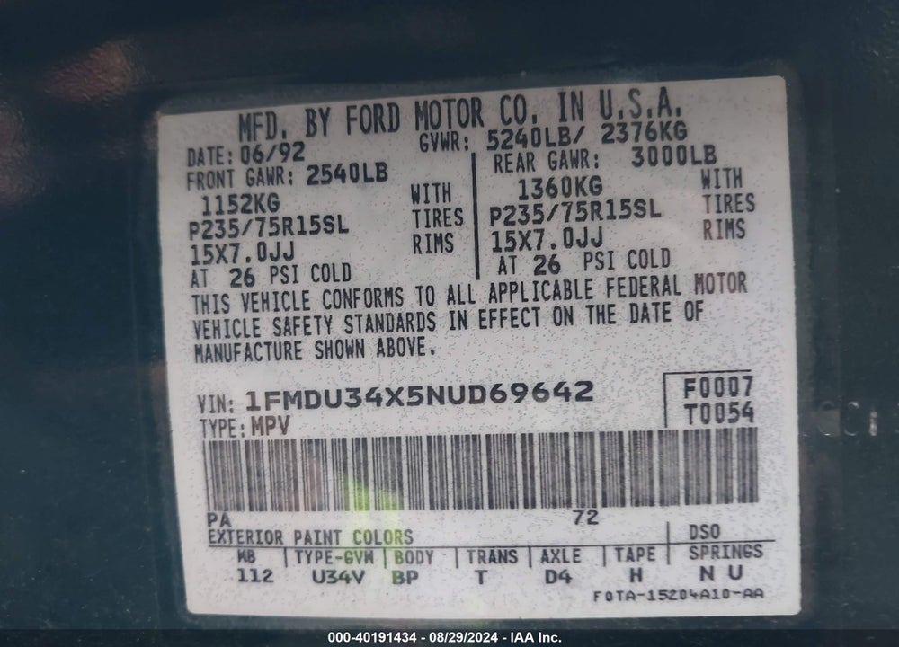 1992 FORD EXPLORER VIN: 1FMDU34X5NUD69642
