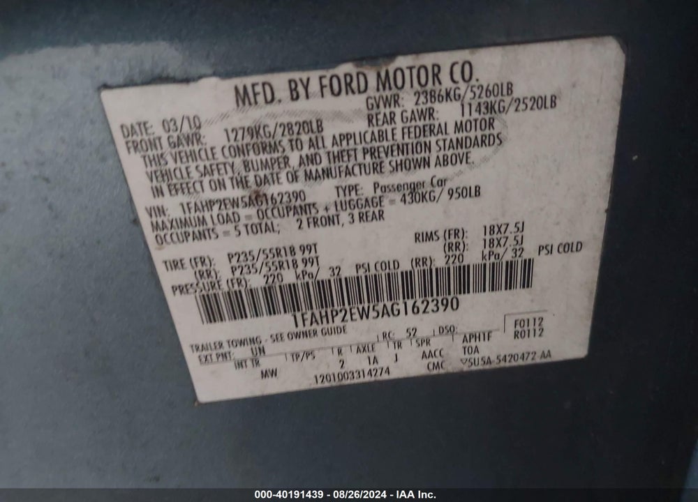 2010 FORD TAURUS SEL VIN: 1FAHP2EW5AG162390