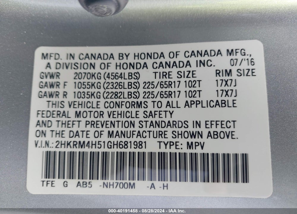 2016 HONDA CR-V EX VIN: 2HKRM4H51GH681981