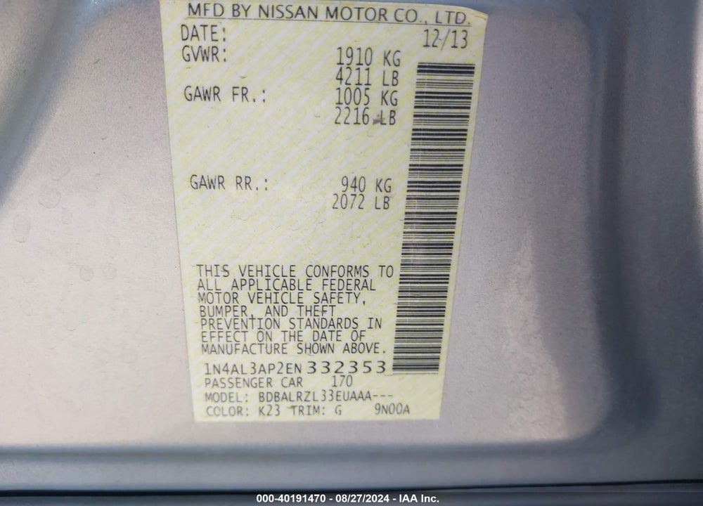 2014 NISSAN ALTIMA 2.5 S VIN: 1N4AL3AP2EN332353
