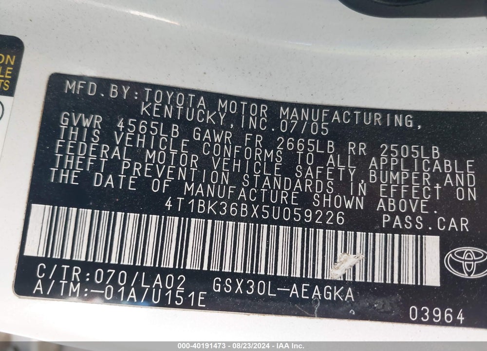 2005 TOYOTA AVALON XLS VIN: 4T1BK36BX5U059226