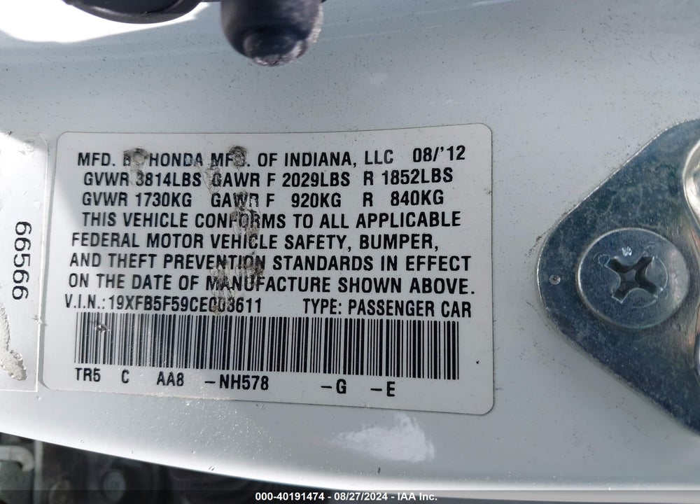 2012 HONDA CIVIC NATURAL GAS VIN: 19XFB5F59CE003611