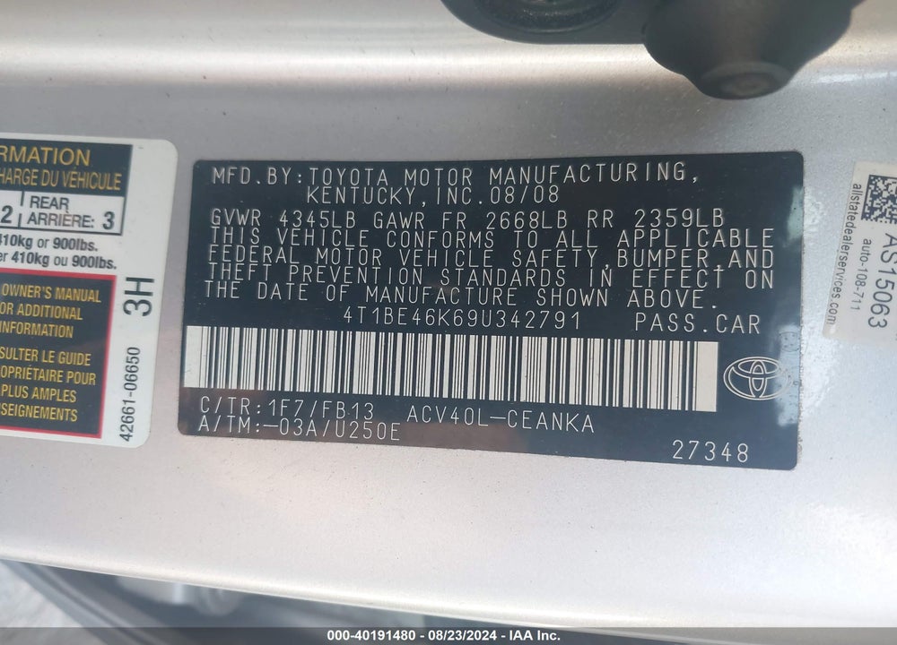 2009 TOYOTA CAMRY VIN: 4T1BE46K69U342791
