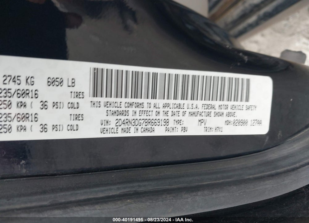 2011 DODGE GRAND CARAVAN MAINSTREET VIN: 2D4RN3DG7BR669198