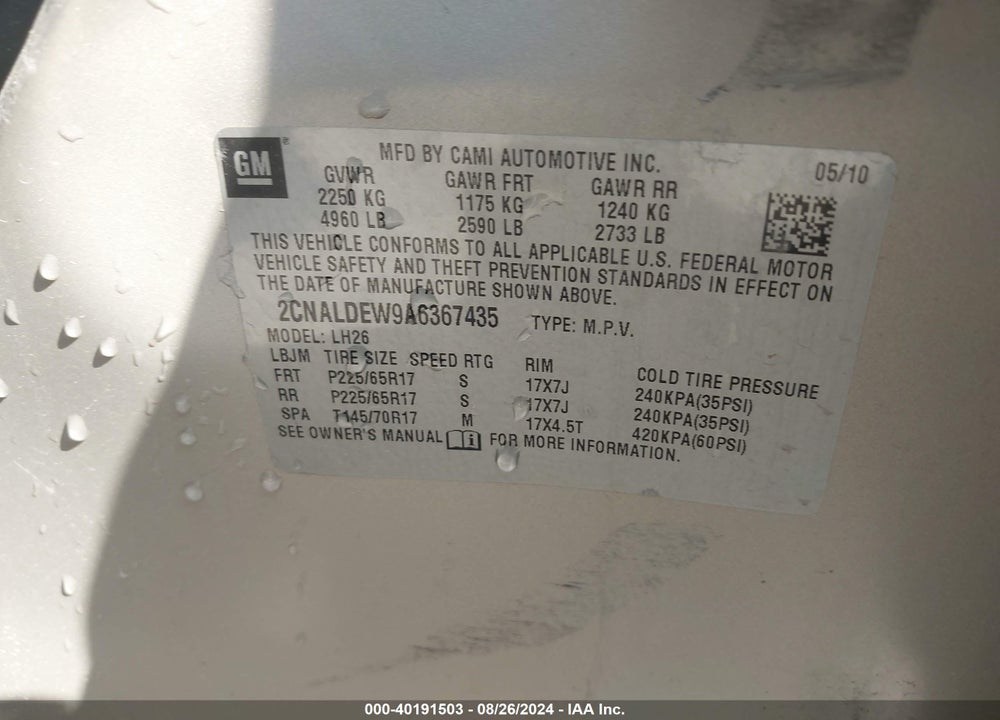 2010 CHEVROLET EQUINOX LT VIN: 2CNALDEW9A6367435