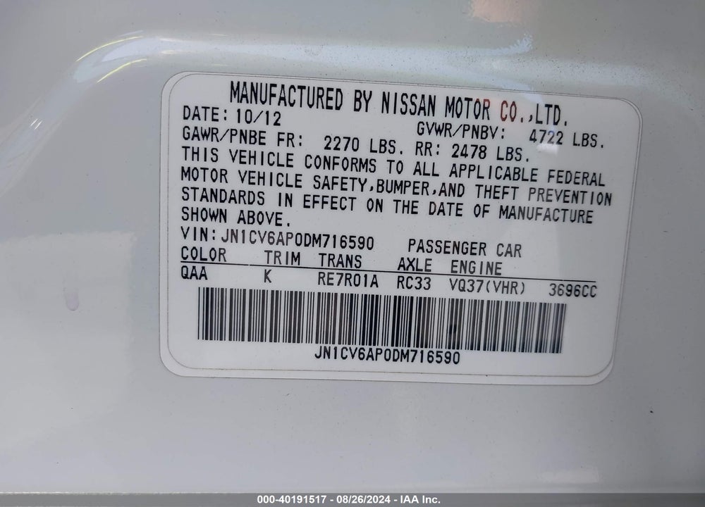 2013 INFINITI G37 JOURNEY VIN: JN1CV6AP0DM716590