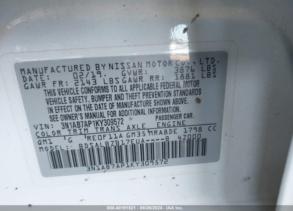 2019 NISSAN SENTRA VIN: 3N1AB7AP1KY309572