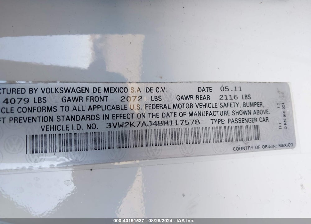 2011 VOLKSWAGEN JETTA 2.0L S VIN: 3VW2K7AJ4BM117578