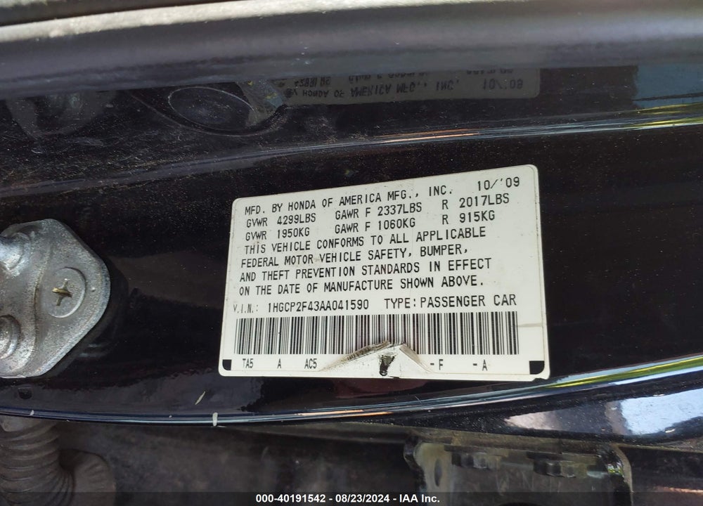 2010 HONDA ACCORD 2.4 LX-P VIN: 1HGCP2F43AA041590