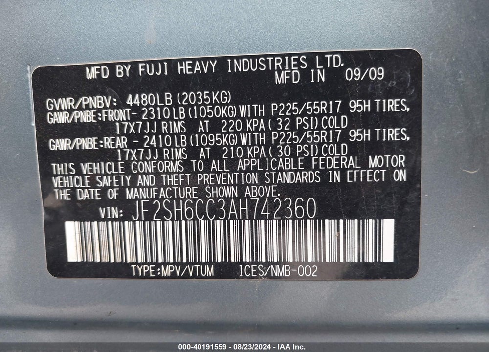 2010 SUBARU FORESTER 2.5X PREMIUM VIN: JF2SH6CC3AH742360