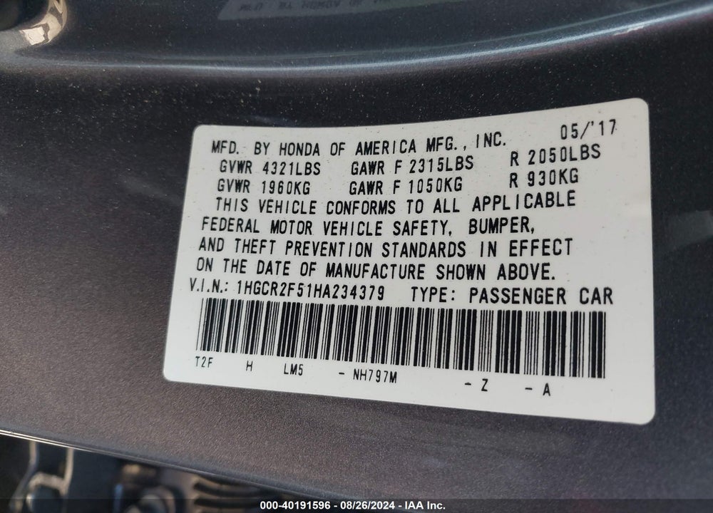 2017 HONDA ACCORD SPORT VIN: 1HGCR2F51HA234379