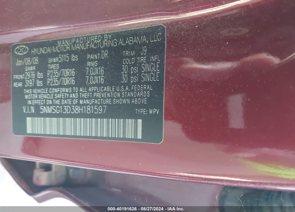 2008 HYUNDAI SANTA FE GLS VIN: 5NMSG13D38H181597