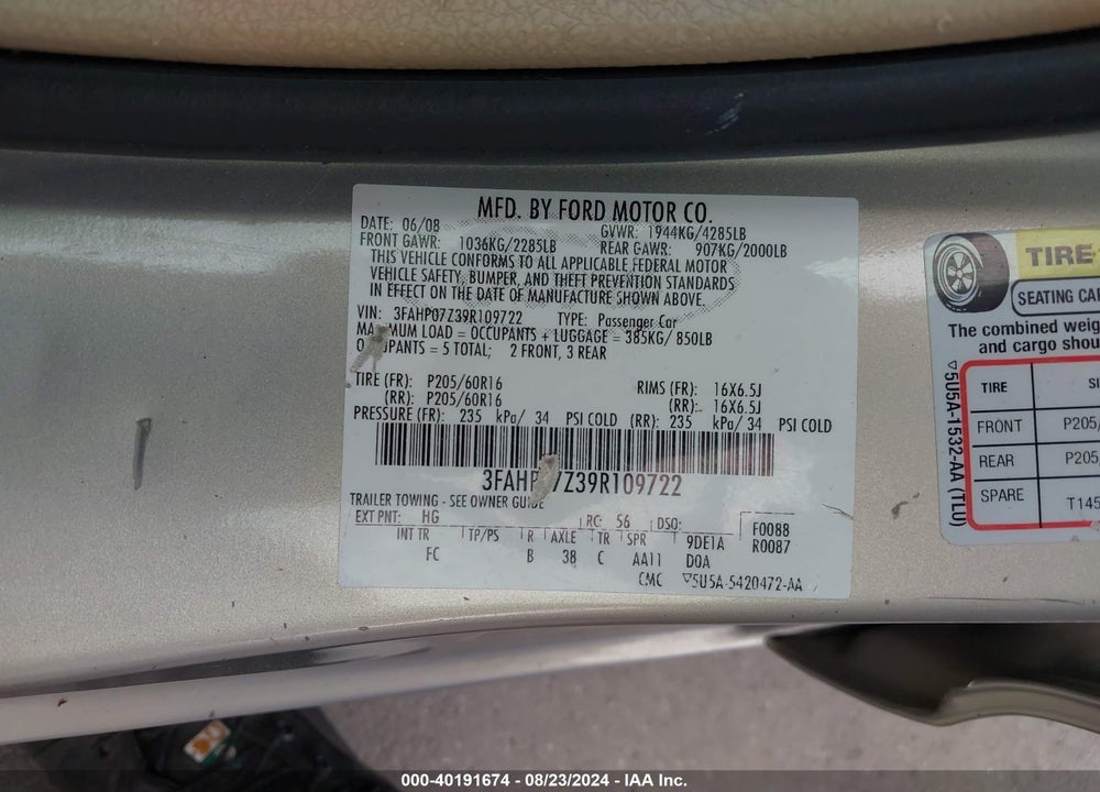2009 FORD FUSION SE VIN: 3FAHP07Z39R109722