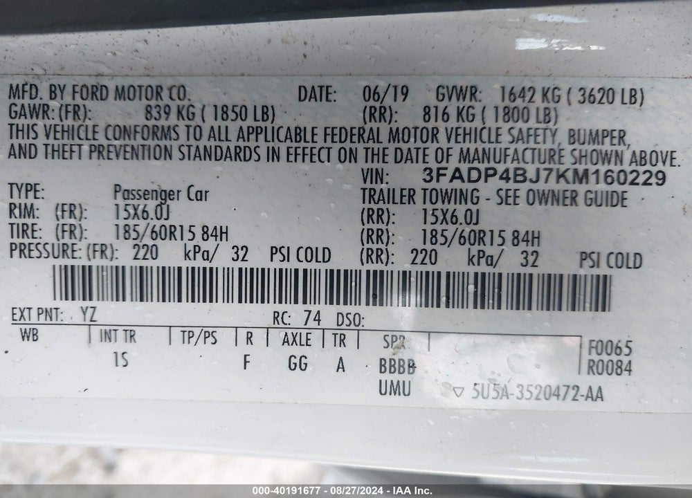 2019 FORD FIESTA SE VIN: 3FADP4BJ7KM160229