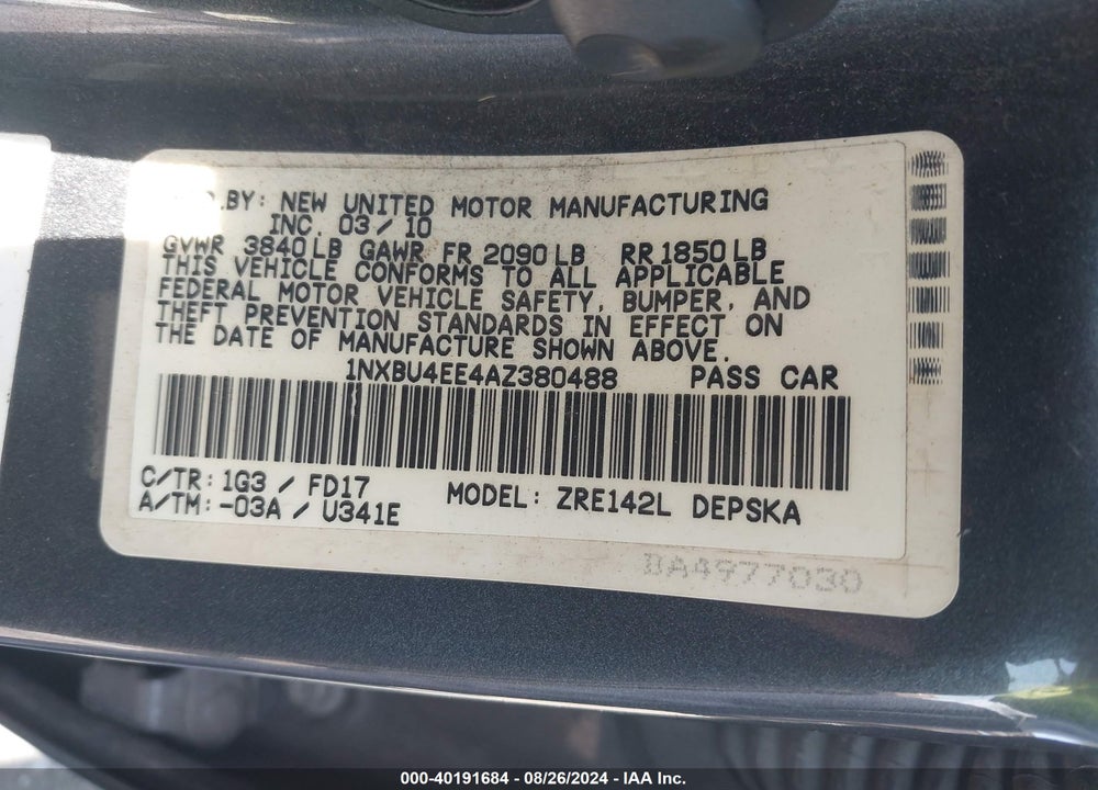 2010 TOYOTA COROLLA S VIN: 1NXBU4EE4AZ380488