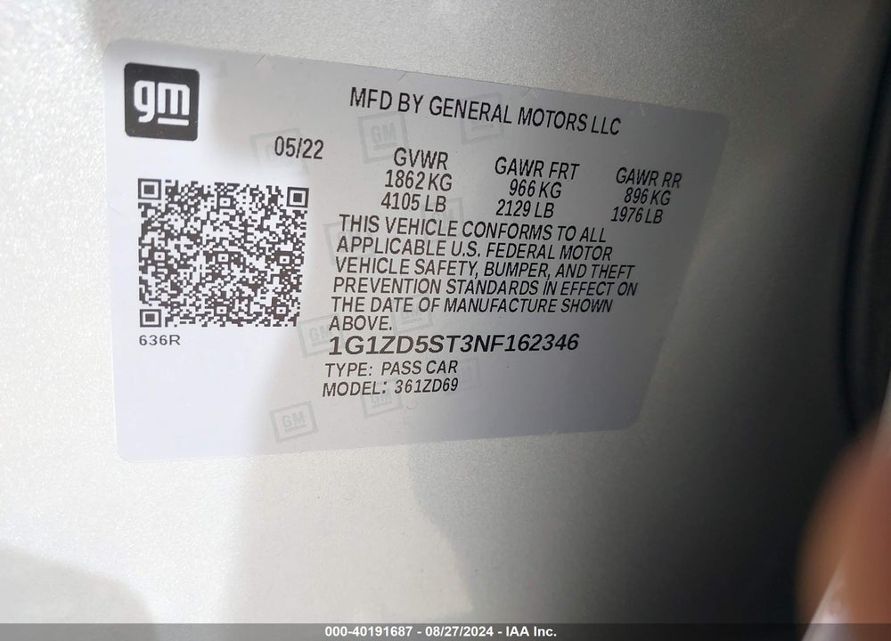 2022 CHEVROLET MALIBU FWD LT VIN: 1G1ZD5ST3NF162346