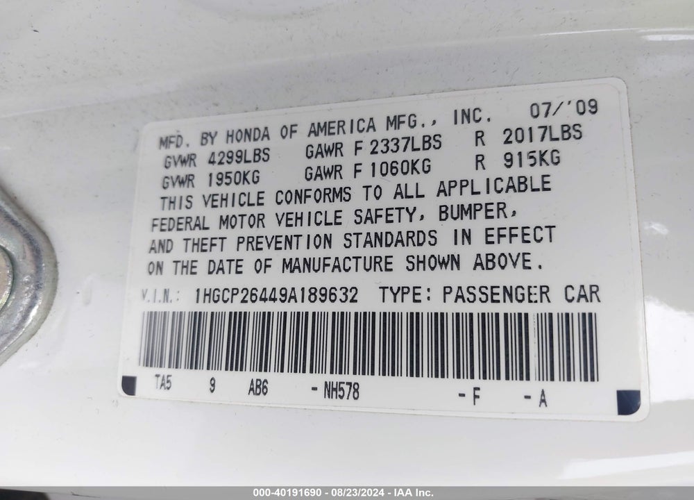 2009 HONDA ACCORD 2.4 LX-P VIN: 1HGCP26449A189632