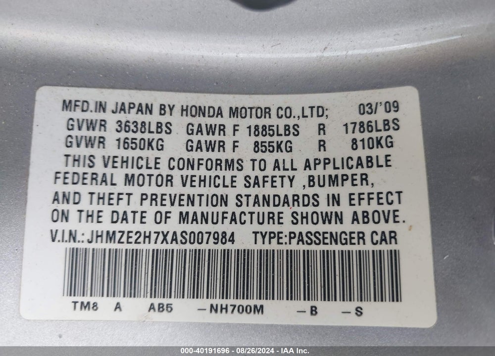 2010 HONDA INSIGHT VIN: JHMZE2H7XAS007984