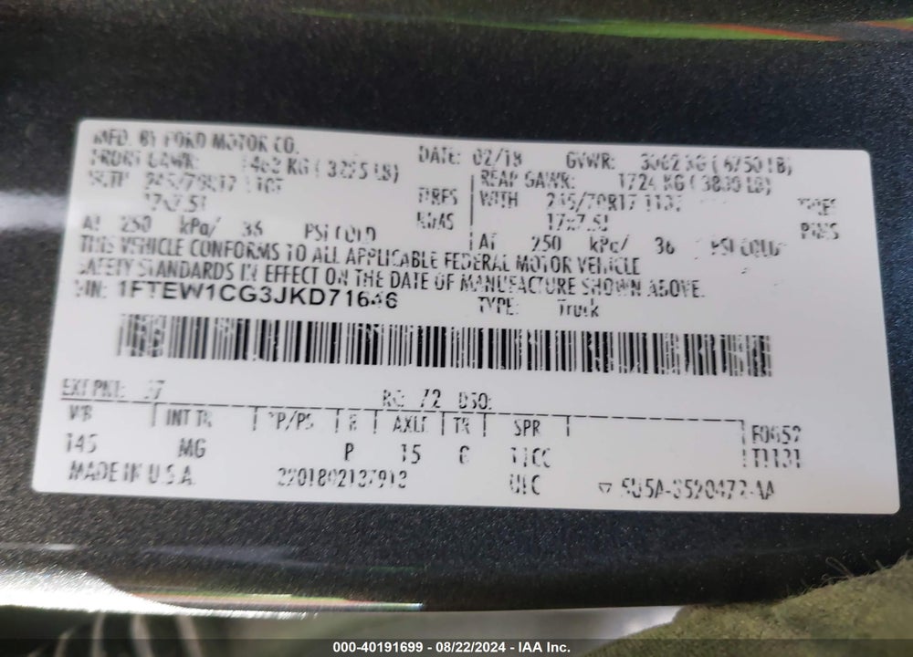 2018 FORD F-150 XLT VIN: 1FTEW1CG3JKD71646