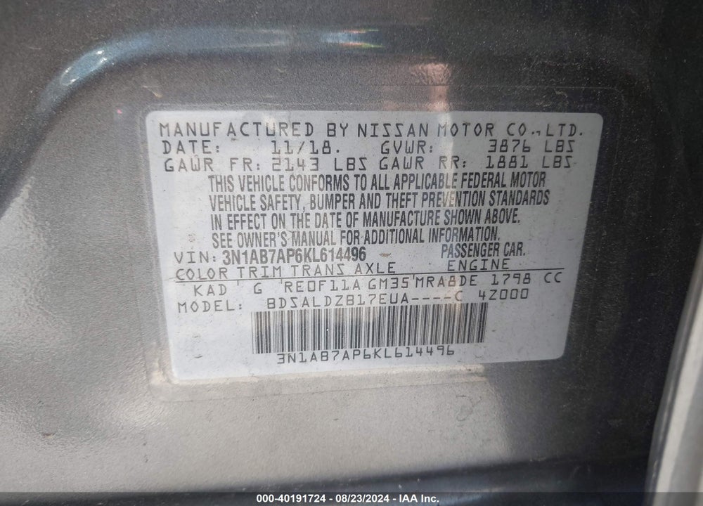 2019 NISSAN SENTRA SV VIN: 3N1AB7AP6KL614496