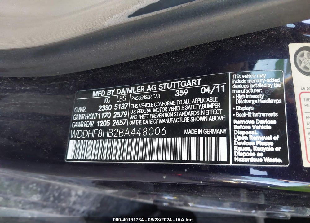 2011 MERCEDES-BENZ E 350 4MATIC VIN: WDDHF8HB2BA448006