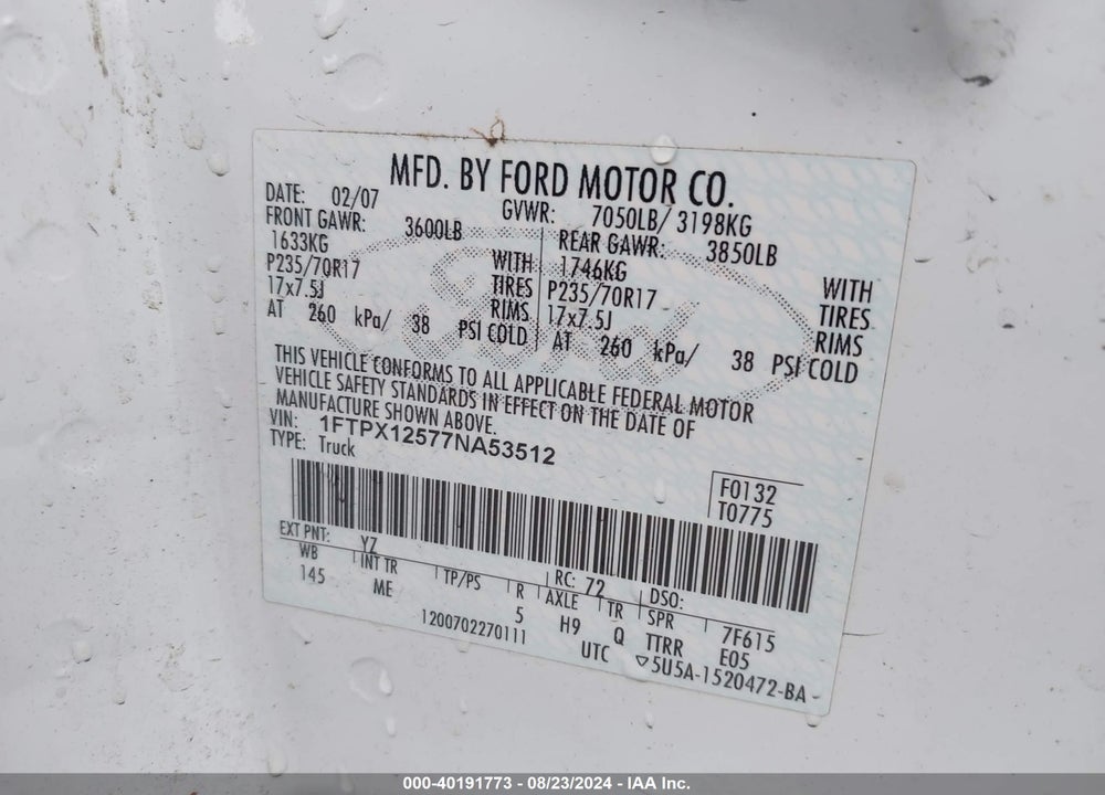 2007 FORD F-150 LARIAT/STX/XL/XLT VIN: 1FTPX12577NA53512