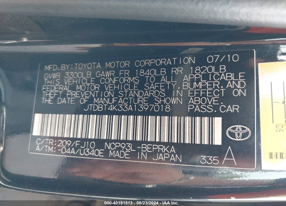 2010 TOYOTA YARIS VIN: JTDBT4K33A1397018