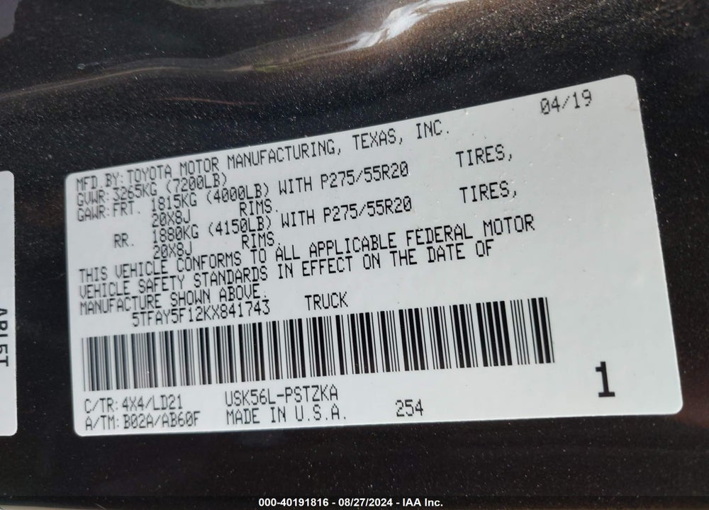 2019 TOYOTA TUNDRA 1794 5.7L V8 VIN: 5TFAY5F12KX841743