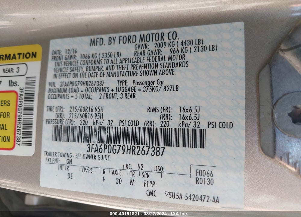2017 FORD FUSION S VIN: 3FA6P0G79HR267387