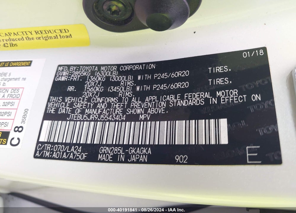 2018 TOYOTA 4RUNNER LIMITED VIN: JTEBU5JR9J5543404