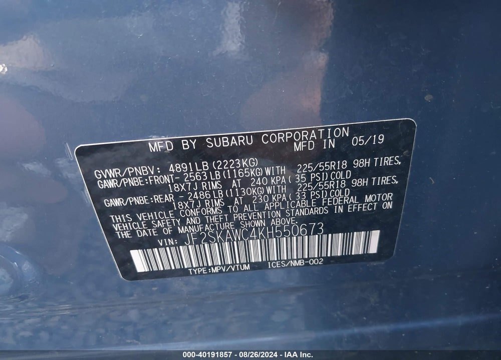 2019 SUBARU FORESTER TOURING VIN: JF2SKAWC4KH550673