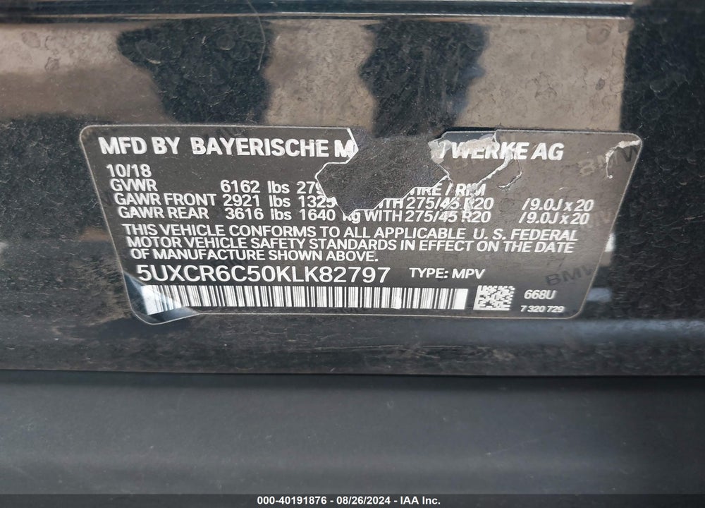 2019 BMW X5 XDRIVE40I VIN: 5UXCR6C50KLK82797