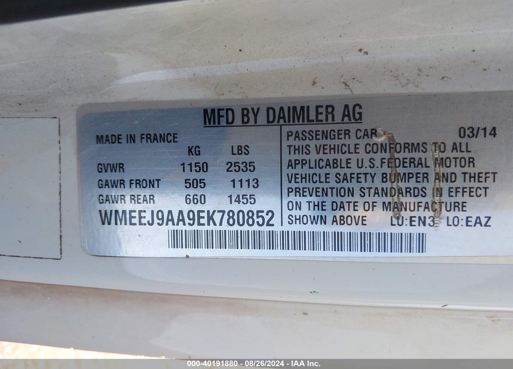 2014 SMART FORTWO ELECTRIC DRIVE VIN: WMEEJ9AA9EK780852