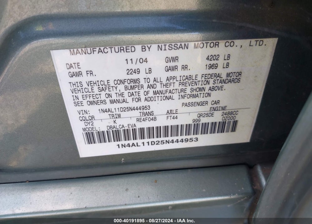 2005 NISSAN ALTIMA 2.5 S VIN: 1N4AL11D25N444953