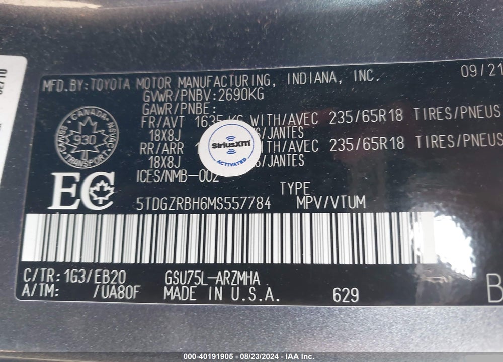 2021 TOYOTA HIGHLANDER XLE VIN: 5TDGZRBH6MS557784