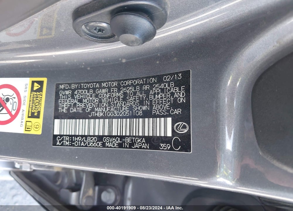 2013 LEXUS ES 350 VIN: JTHBK1GG3D2051108