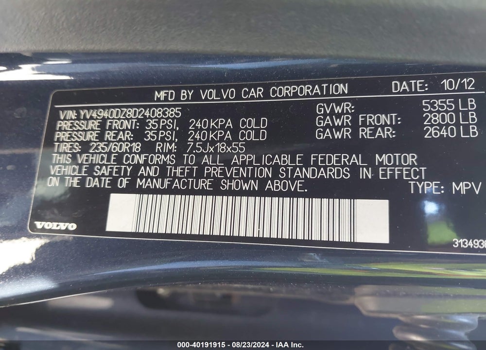 2013 VOLVO XC60 3.2/3.2 PLATINUM/3.2 PREMIER/3.2 PREMIER PLUS VIN: YV4940DZ8D2408385