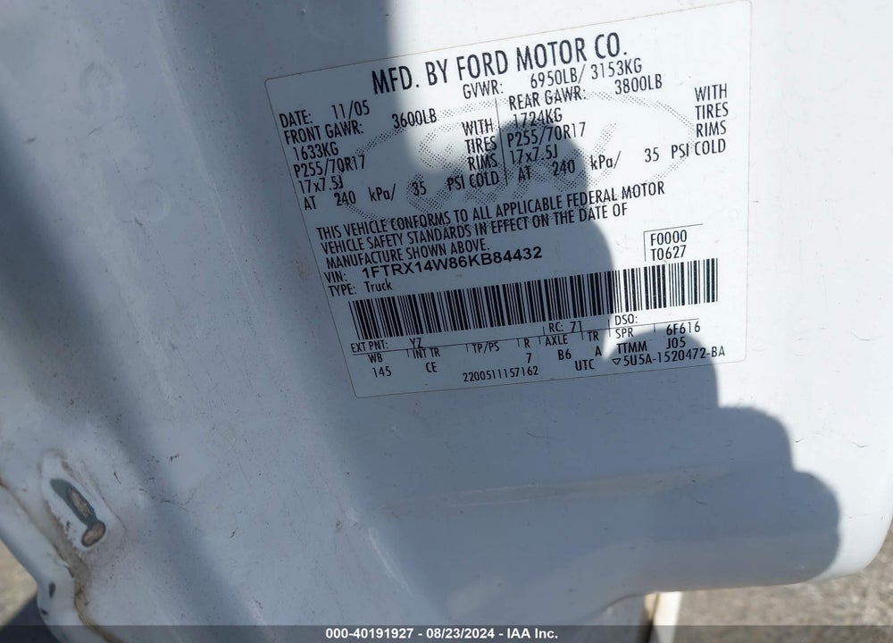 2006 FORD F-150 STX/XL/XLT VIN: 1FTRX14W86KB84432