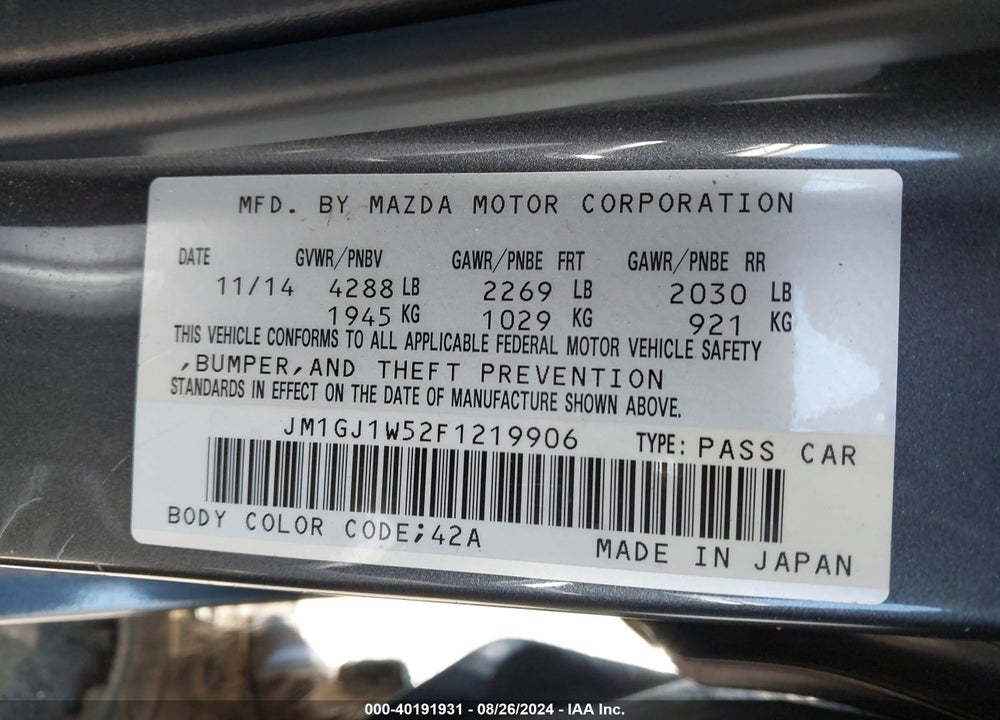 2015 MAZDA 6 I GRAND TOURING VIN: JM1GJ1W52F1219906