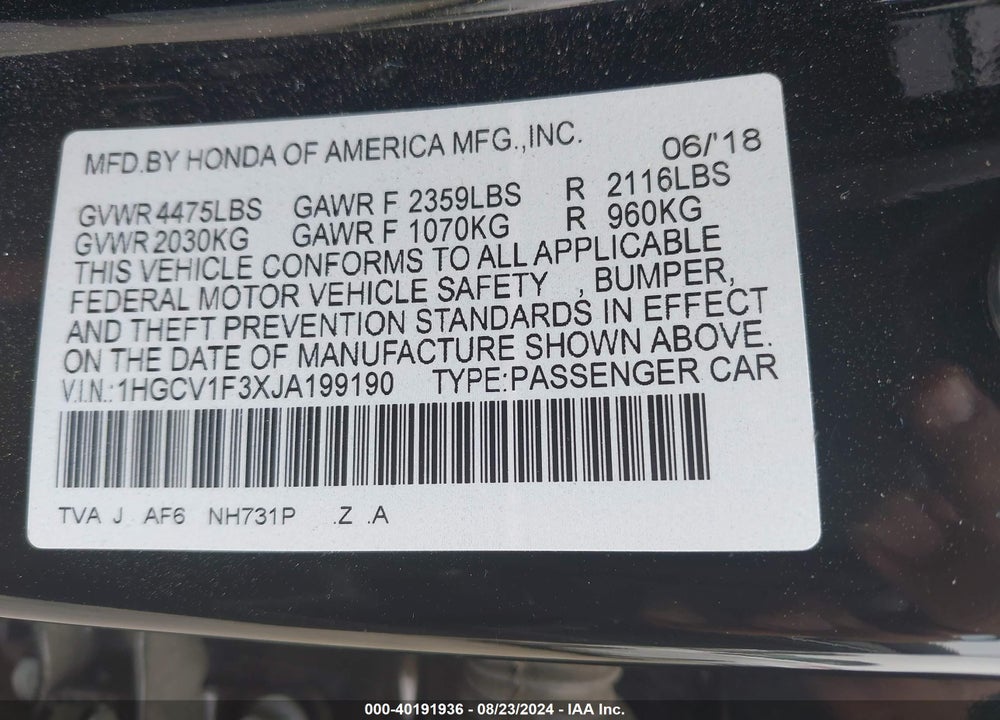 2018 HONDA ACCORD SPORT VIN: 1HGCV1F3XJA199190