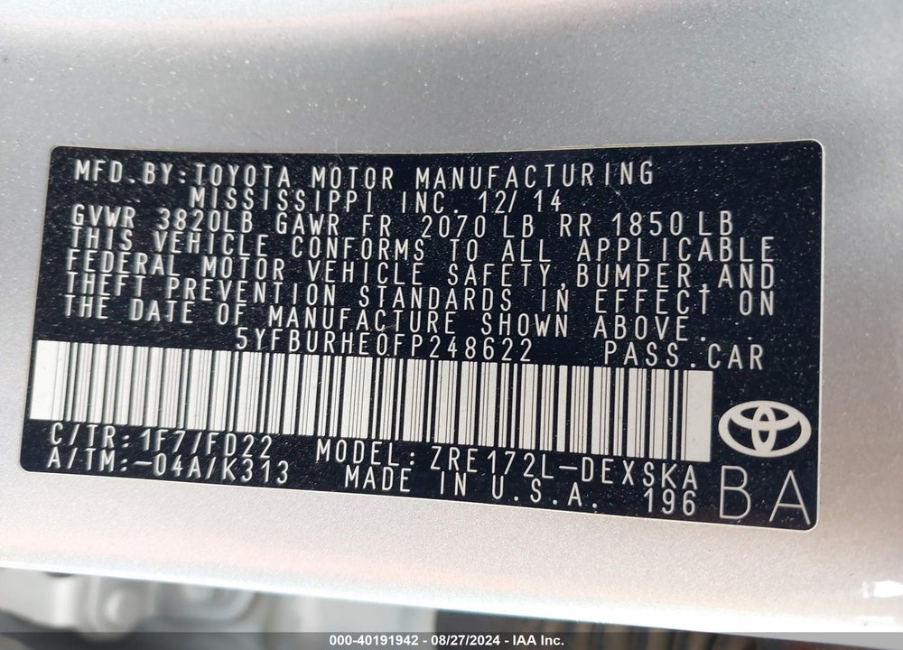 2015 TOYOTA COROLLA S PLUS VIN: 5YFBURHE0FP248622