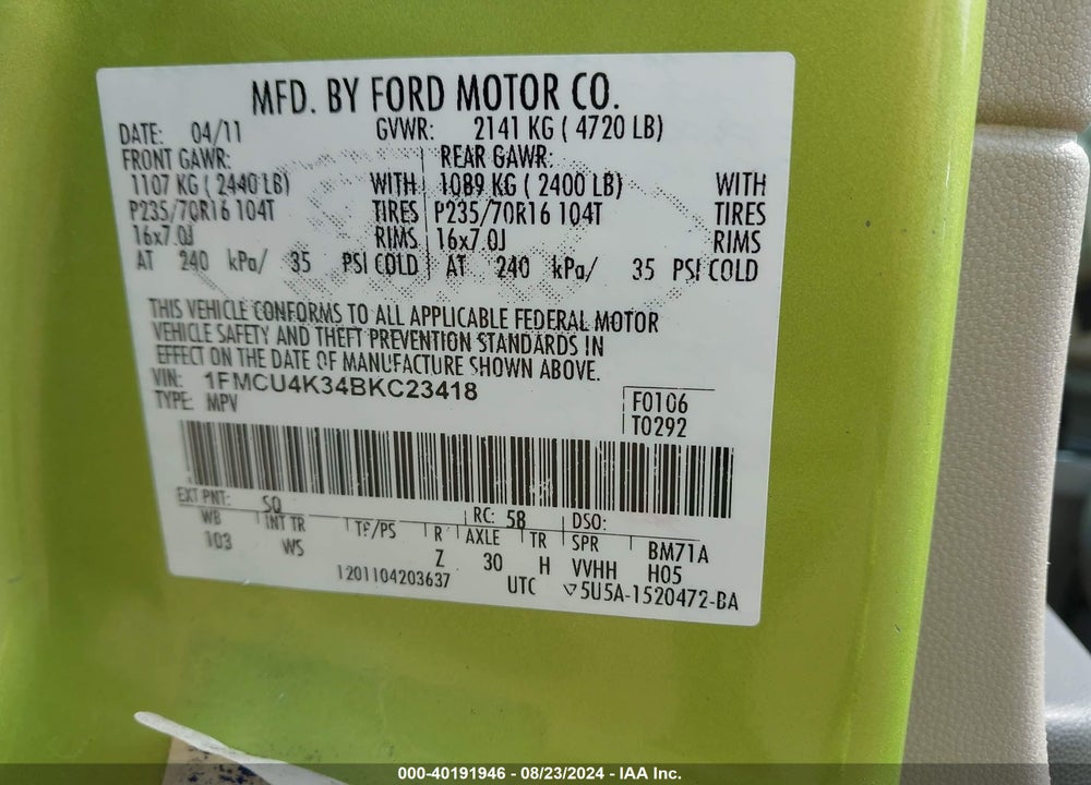 2011 FORD ESCAPE HYBRID VIN: 1FMCU4K34BKC23418